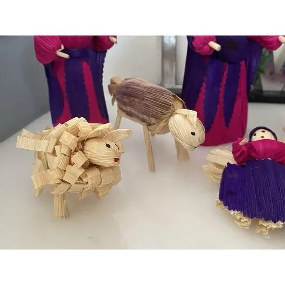 10 Piece Handmade Vtg Christmas Nativity Set Corn Husk 5" Dolls Roatan Honduras - Picture 10 of 16